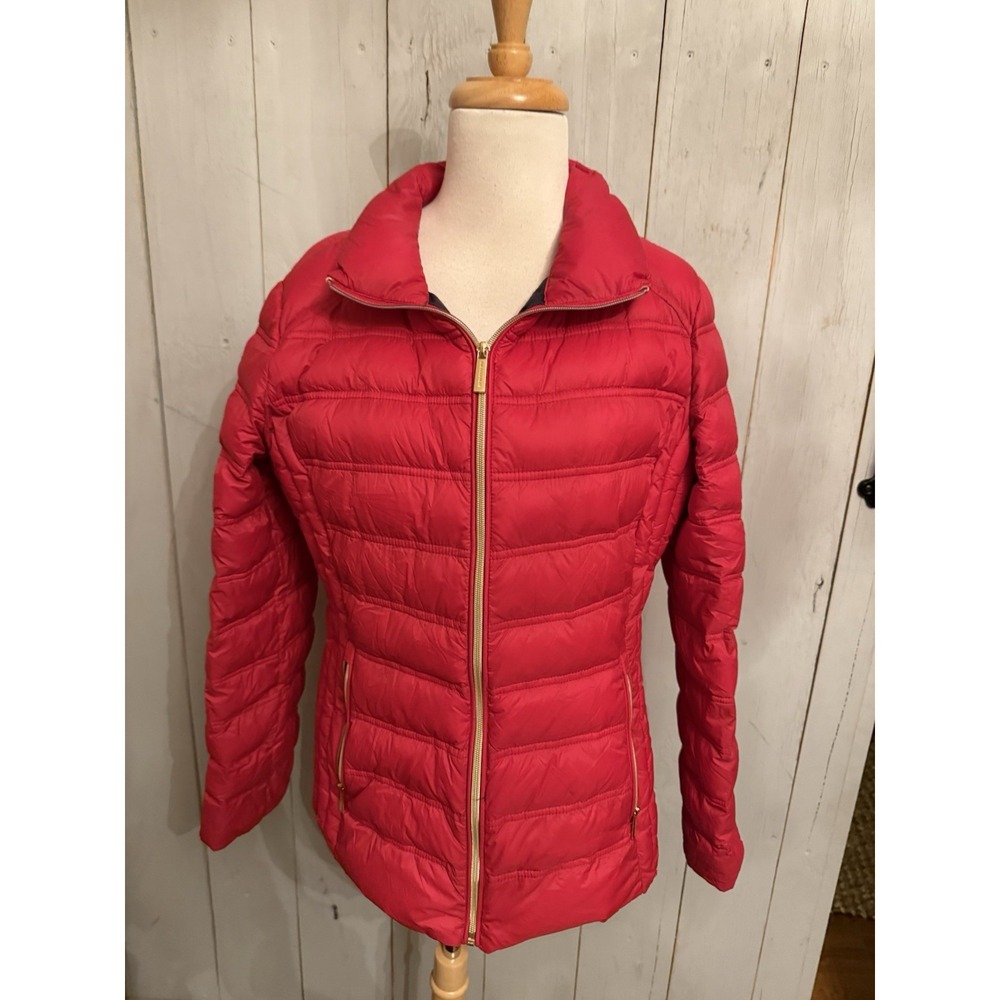 MICHAEL KORS Red Quilted Lg Packable Puffer Down Jacket Coat Gold Zip L5 - Picture 2 of 9
